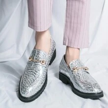 男士馬銜扣樂福鞋一腳蹬 Pu 皮革商務正裝鞋時尚金銀夜店髮型師厚底增高休閒鞋 - 銀色 - 查看 3
