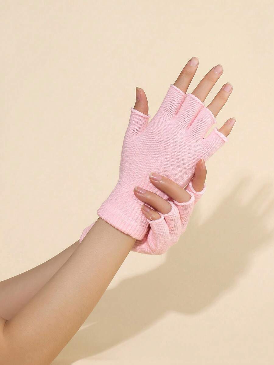 1 Pair Autumn/winter Warm Half Finger Solid Color Gloves For Men - Pink - View 1