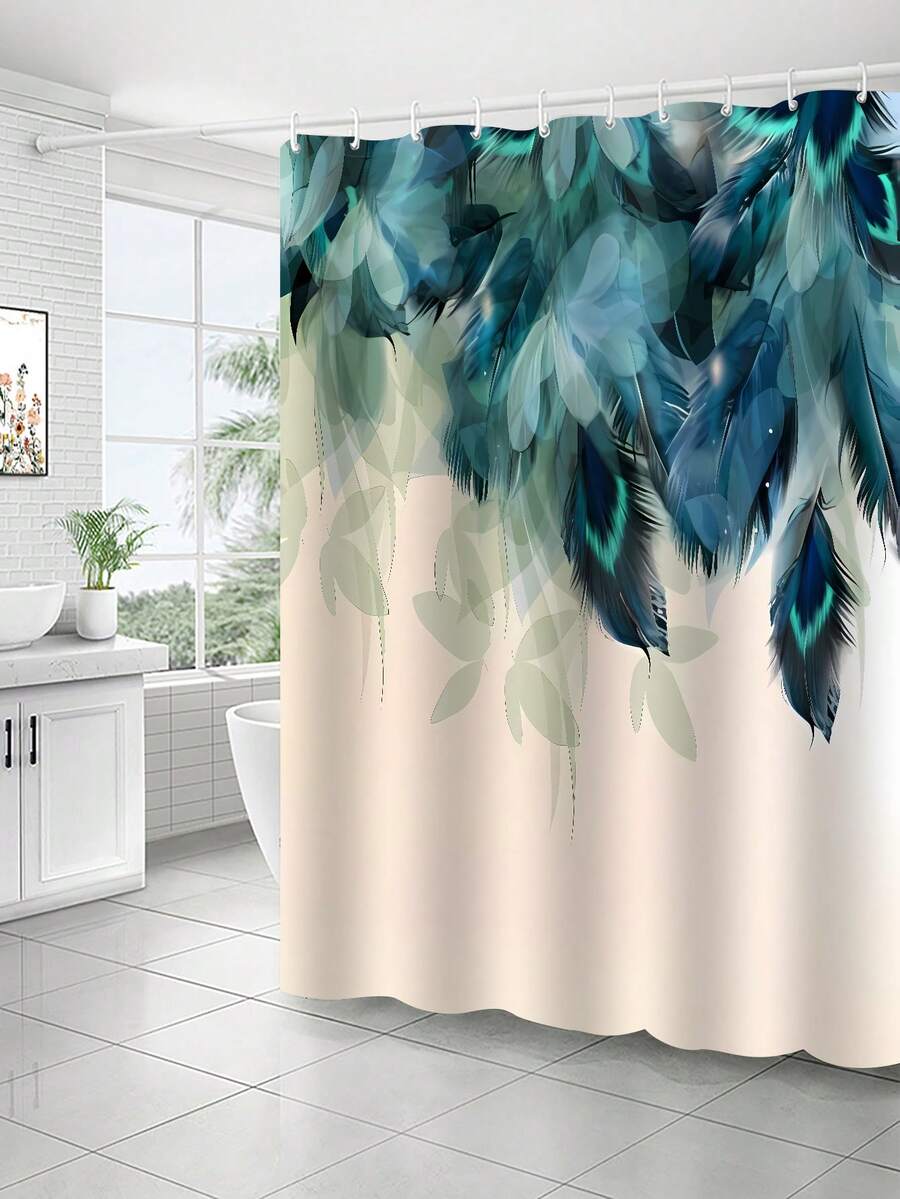 1pc Peacock Feather Printed Polyester Modern Style Waterproof Shower Curtain For Bathroom - Multicolor - View 1