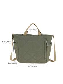 大容量純色菱形裁剪縫紉圖案多口袋肩背包,針對女性設計 - 軍綠色 - 查看 2