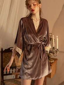 1 Miếng Lỏng lẻo Faux Suede Nhung & Ren Tương phản Màu sắc Áo ngủ dài - Màu tím - Xem 3