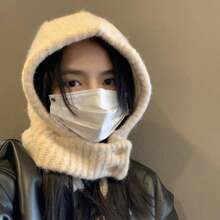 日本復古巴拉克拉法帽帽女性圍巾冬天帽和領防寒濃烈香調針織帽子女性時尚顏色搭配女性帽子 - 米色 - 查看 1
