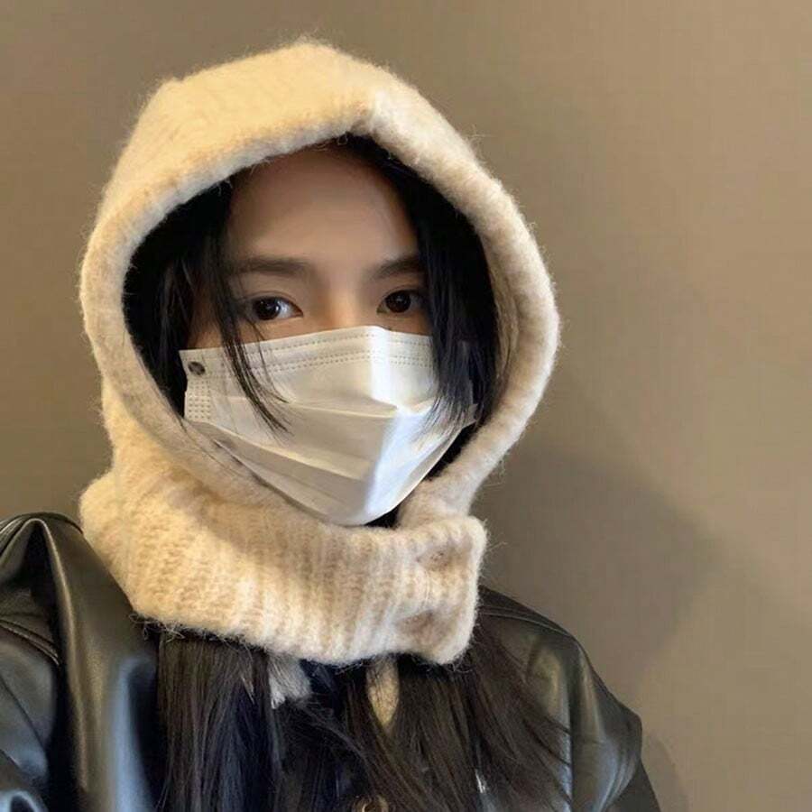 日本復古巴拉克拉法帽帽女性圍巾冬天帽和領防寒濃烈香調針織帽子女性時尚顏色搭配女性帽子 - 米色 - 查看 1