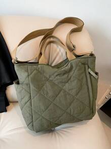 大容量純色菱形裁剪縫紉圖案多口袋肩背包,針對女性設計 - 軍綠色 - 查看 8