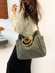 大容量純色菱形裁剪縫紉圖案多口袋肩背包,針對女性設計 - 軍綠色 - 查看 6