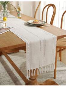 純色桌旗,北歐風格聚酯手織空心流蘇桌旗,家居鄉村風格桌布餐墊 - 米色 - 查看 1