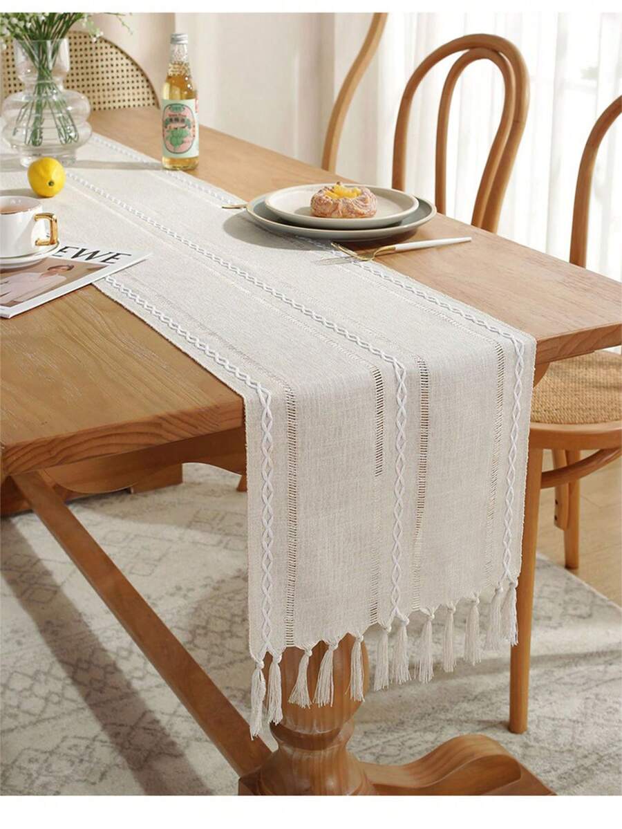 純色桌旗,北歐風格聚酯手織空心流蘇桌旗,家居鄉村風格桌布餐墊 - 米色 - 查看 1