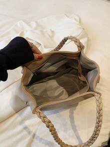 1入組女性素色油蠟PU皮革肩膀拉鍊閉合托特包帶大容量-完美適用於節日,禮物,日常通勤 - 卡其色 - 查看 4