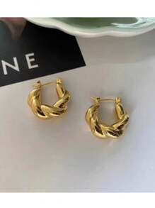 1pair Elegant Metallic U-shaped Geometry Oval Earrings, Suitable For Daily Wear, Titanium Steel And 18k Gold Plated