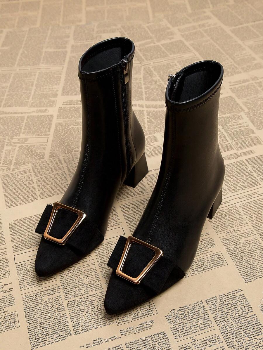 2023 Hàng mới đến Đơn giản Và Thanh lịch Đen Của phụ nữ Giày dép , Dày Block cao gót Pointed Toe Giày ống Ankle Đối với Mùa Thu Và Mùa Đông - màu đen - Xem 1