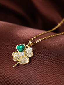 1pc Fashionable Versatile Cubic Zirconia Inlaid Pendant Necklace - Green - View 6