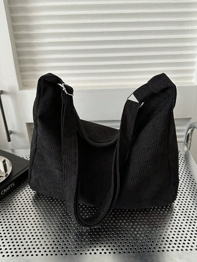 Bolso cruzado solidario grande de moda casual de pana negra para mujer, bolso hobo de hombro de pana ligero y minimalista, bolso de mano de unicolor tote