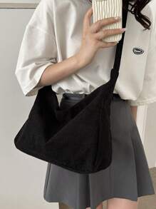 時尚休閒大容量實心灰綠色磨縮絨布女士斜挎包，黑色磨縮絨布霍伯肩背包，輕便簡約手提實色包 - 黑色 - 查看 6