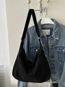 時尚休閒大容量實心灰綠色磨縮絨布女士斜挎包，黑色磨縮絨布霍伯肩背包，輕便簡約手提實色包 - 黑色 - 查看 11