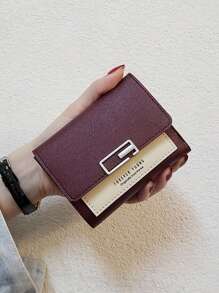 1pc Women's Short Wallet With Letter Print, Foldable Mini Coin Purse, Simple And Fashionable - Burgundy - View 1