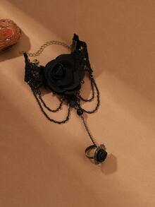 1 Pieza Pulsera De Cadena Multianillo Con Estilo Gótico Y Rosa Decorativa, Elegante Y Clásica - Rojo - Ver 4