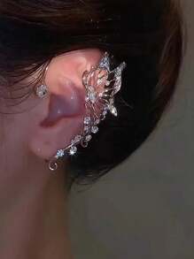 1pc Silver Butterfly Shaped Ear Cuff With Shiny Rhinestones For Non-pierce Ear, Delicate Design And Fashionable Style Suitable For Women's Daily Wear - silver left ear - View 10