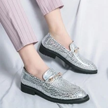 男士馬銜扣樂福鞋一腳蹬 Pu 皮革商務正裝鞋時尚金銀夜店髮型師厚底增高休閒鞋 - 銀色 - 查看 1