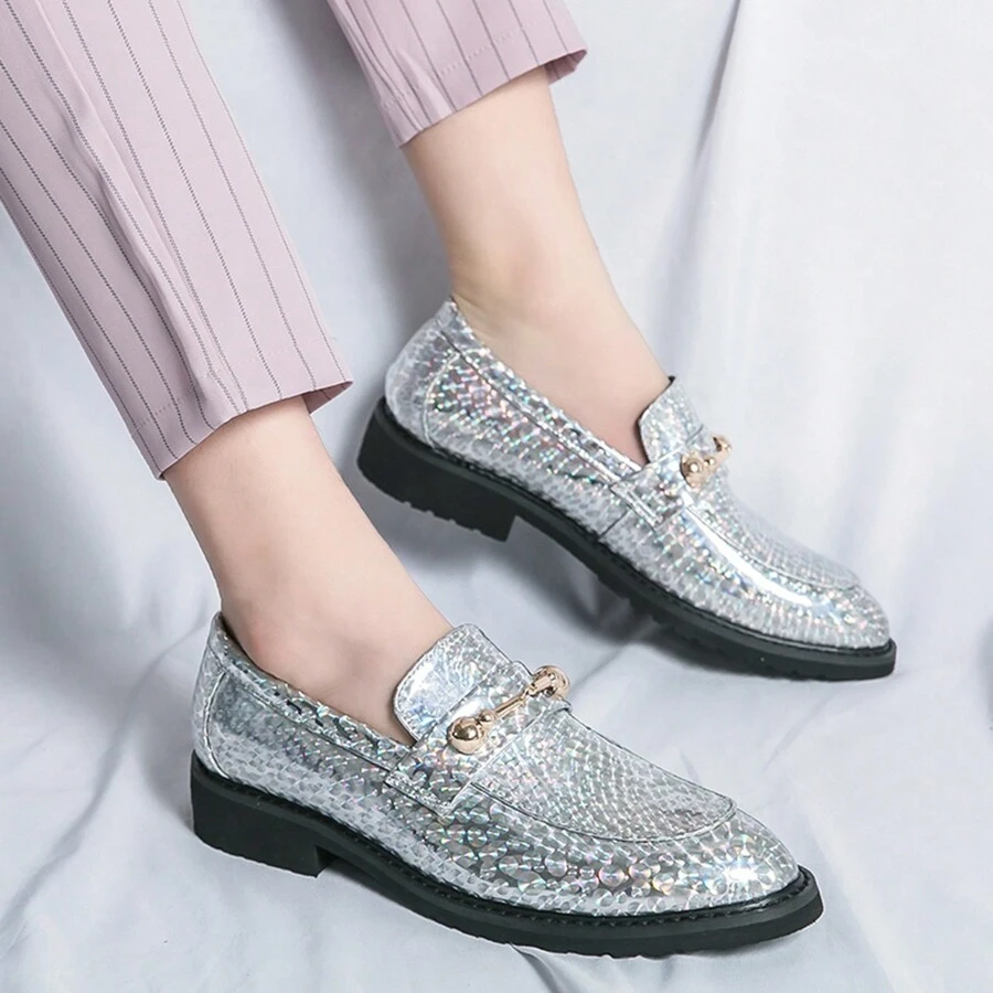 男士馬銜扣樂福鞋一腳蹬 Pu 皮革商務正裝鞋時尚金銀夜店髮型師厚底增高休閒鞋 - 銀色 - 查看 1