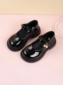 1pair Girls' faux Pearl Pendant & Artificial Patent Leather Flat Shoes, Suitable For Spring, Summer, Autumn And Performance