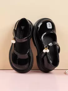 1pair Girls' faux Pearl Pendant & Artificial Patent Leather Flat Shoes, Suitable For Spring, Summer, Autumn And Performance