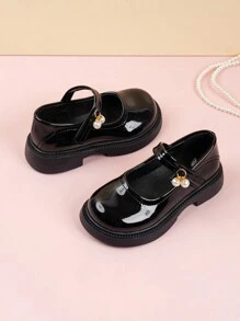 1pair Girls' faux Pearl Pendant & Artificial Patent Leather Flat Shoes, Suitable For Spring, Summer, Autumn And Performance
