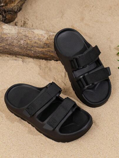 1 par de sandalias planas de EVA de un solo color con cierre de , diseño sencillo para uso exterior/playa, primavera/verano para niños