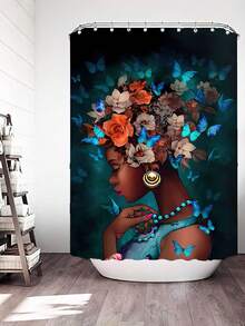 1件蝴蝶花卉少女淋浴簾,現代風格聚酯印花防水浴室簾,防霉防水浴室窗簾 - 彩色 - 查看 4