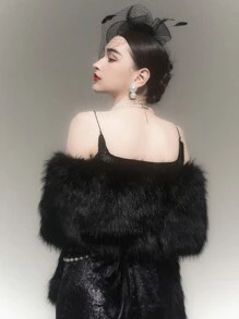 Khăn choàng lông thú giả dài, màu đen và be, thích hợp cho cô dâu, cosplay, váy dạ hội, sườn xám, tiệc tùng, áo choàng ấm áp mùa đông - màu đen - Xem 3