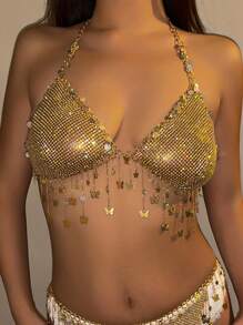 1pc Gorgeous And Shiny Butterfly Sequined Rainbow Rhinestone Fringe Bikini Body Chain, Perfect For Ladies' Festivals, Nightclub Parties And Celebrations.