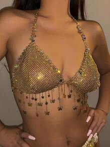 1pc Gorgeous And Shiny Butterfly Sequined Rainbow Rhinestone Fringe Bikini Body Chain, Perfect For Ladies' Festivals, Nightclub Parties And Celebrations.