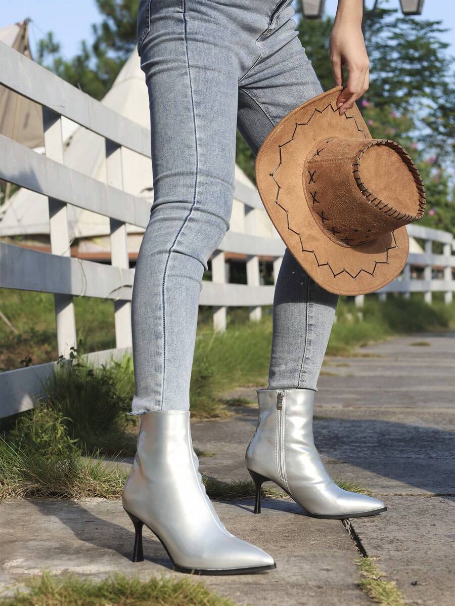 Damski Jesień/zima Moda Szpic Sztylet Obcas Boczny zamek błyskawiczny Rozciągliwy Buty do kostki - Srebro - Zobacz 1