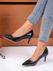 尖頭高跟鞋黑色高跟鞋,OL工作宴會鞋,7cm細跟跟,發亮的磨砂設計,女性鞋 - 黑色 - 查看 1