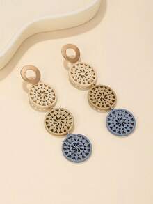 1對復古木質圓形中空長吊墜耳環,日常配戴珠寶飾品