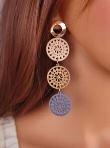 1對復古木質圓形中空長吊墜耳環,日常配戴珠寶飾品