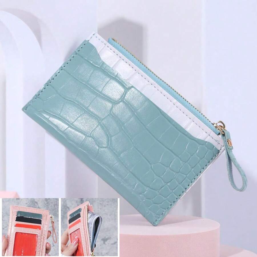 Women's Zipper Short Wallet Crocodile Pattern Multi-Card Holder Coin Purse Credit Card Wallet - Blue - View 1