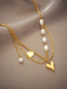 1pc Gold-Plated Titanium Steel Multi-Layered Faux Pearl & Heart Detail Necklace For Layering - Gold - View 2