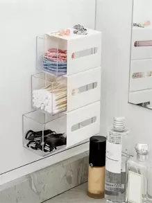 1pc White Wall Mounted Swab Storage Box & Transparent Clear Drawer Organizer For Bathroom Hair Accessories And Jewelries