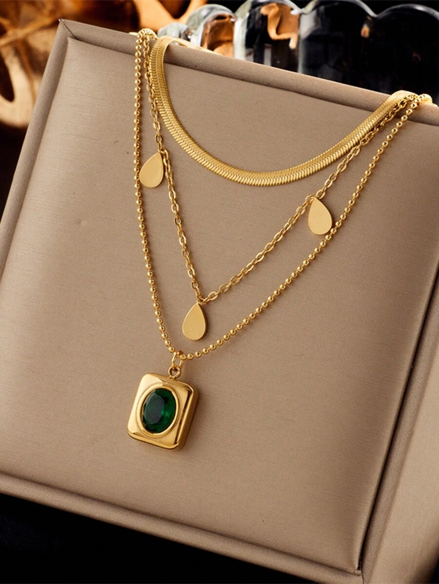 1條不銹鋼多層項鍊,綠色橢圓形方形吊墜和水滴吊飾 - 彩色 - 查看 1