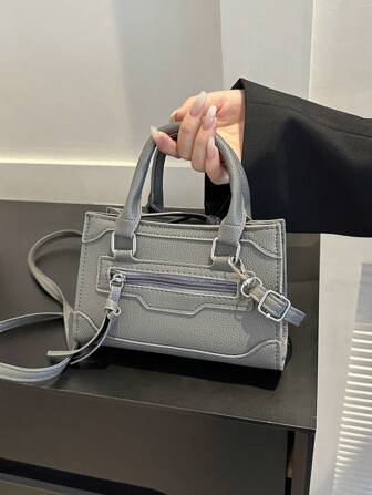 2025 New Solid Color PU Patchwork Zipper Handbag, Simple Fashion Outdoor Personalized Small Square Bag, Versatile Shoulder/Crossbody Tote Bag With Adjustable Strap