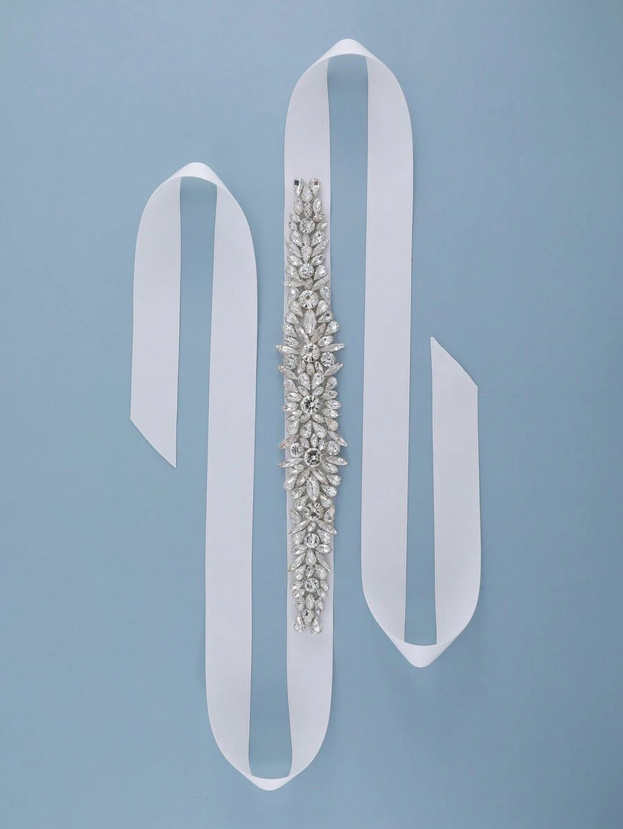 1pc White Satin Ribbon & Hand-sewn Rhinestone Decor Waistband For Bridal Gown And Formal Dress - White - View 1
