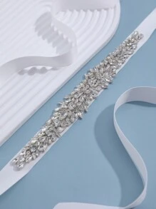 1pc White Satin Ribbon & Hand-sewn Rhinestone Decor Waistband For Bridal Gown And Formal Dress - White - View 6