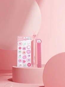 3pcs Cute Pink Rabbit Theme Stationery Set Including Bookmarks, Ruler, Personalized Stickers, Sequin Pen - Pink - View 1