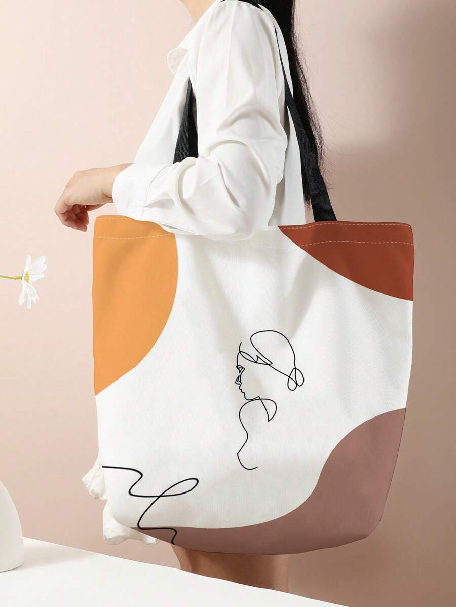 Morandi-Colored Block Figures And Lines Pattern Double-Side Printed Canvas Shoulder Bag Glowic Large Women With Zip, Stylish Handbags, Canvas Tote Bags For College Back To School,Teachers Gift Ideal Gift,Thank You Gift Idea,Appreciation Gifts,Monogrammed Gifts Bag,Reusable,Teacher Bag,Holiday Shop Bag Educator,Mom Ideal Brides Maid Gifts - Maroon - View 1