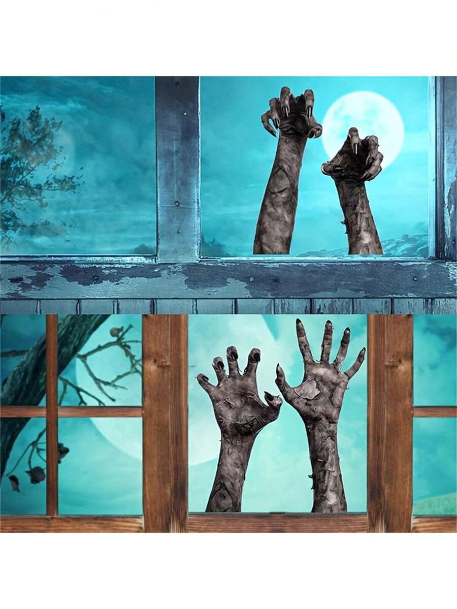 1pc, Halloween Ghost Hand Wall Sticker 3D View Scary Ghost Hand Horror Decals Removable Self-adhesive PVC Wall Stickers Window Decor - Black - View 1