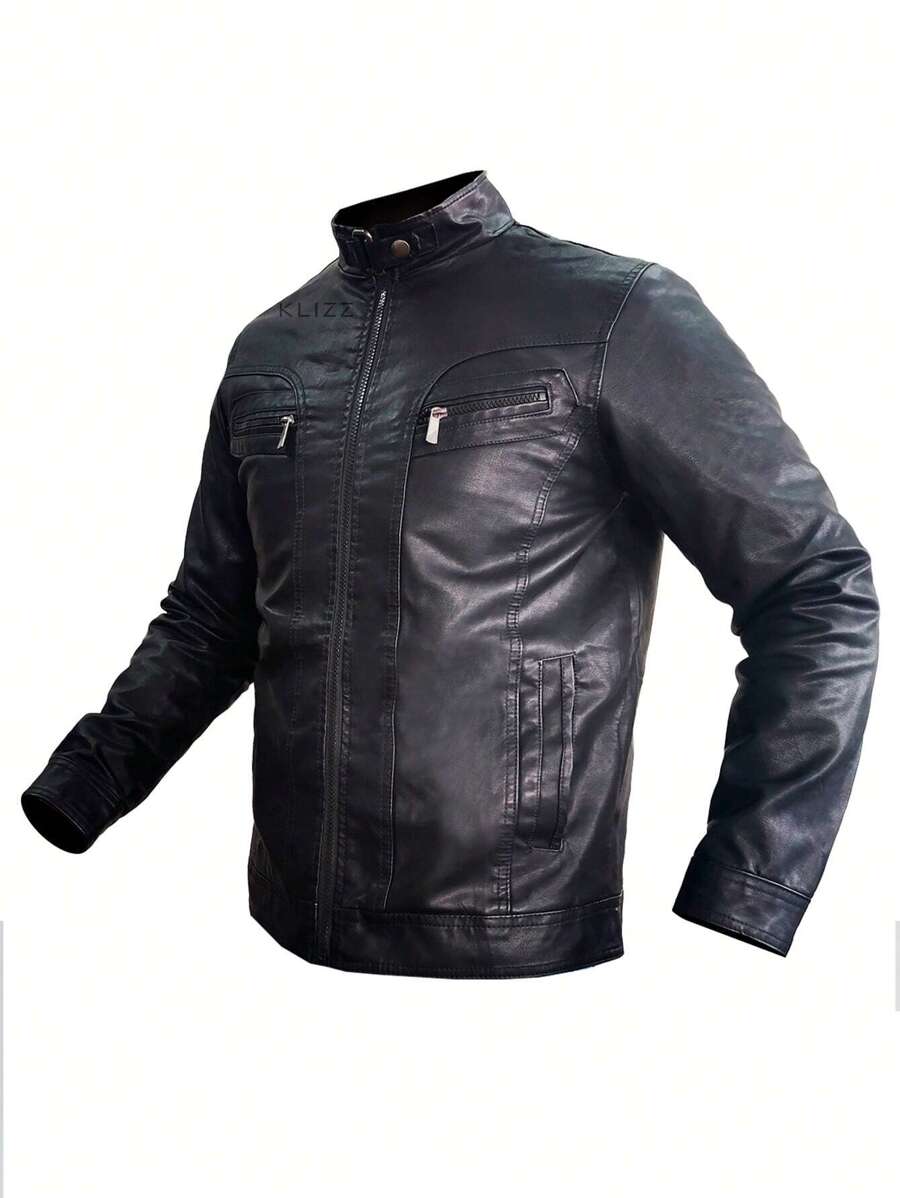 KLIZZ Couro Corta Vento Slim Casaco Jaqueta Masculina - Preto - Visão 1