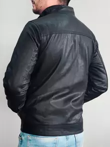 KLIZZ Couro Corta Vento Slim Casaco Jaqueta Masculina - Preto - Visão 5