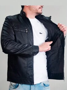KLIZZ Couro Corta Vento Slim Casaco Jaqueta Masculina - Preto - Visão 4