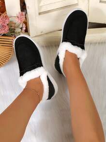 Ladies' Color Block Slip-on Loafers With Lace Decoration, Elegant & Casual Style For Autumn/winter, Outdoor Flat Plush Lining Leisure Shoes In Black - Black - View 3