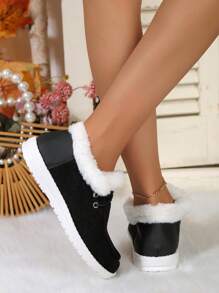 Ladies' Color Block Slip-on Loafers With Lace Decoration, Elegant & Casual Style For Autumn/winter, Outdoor Flat Plush Lining Leisure Shoes In Black - Black - View 2